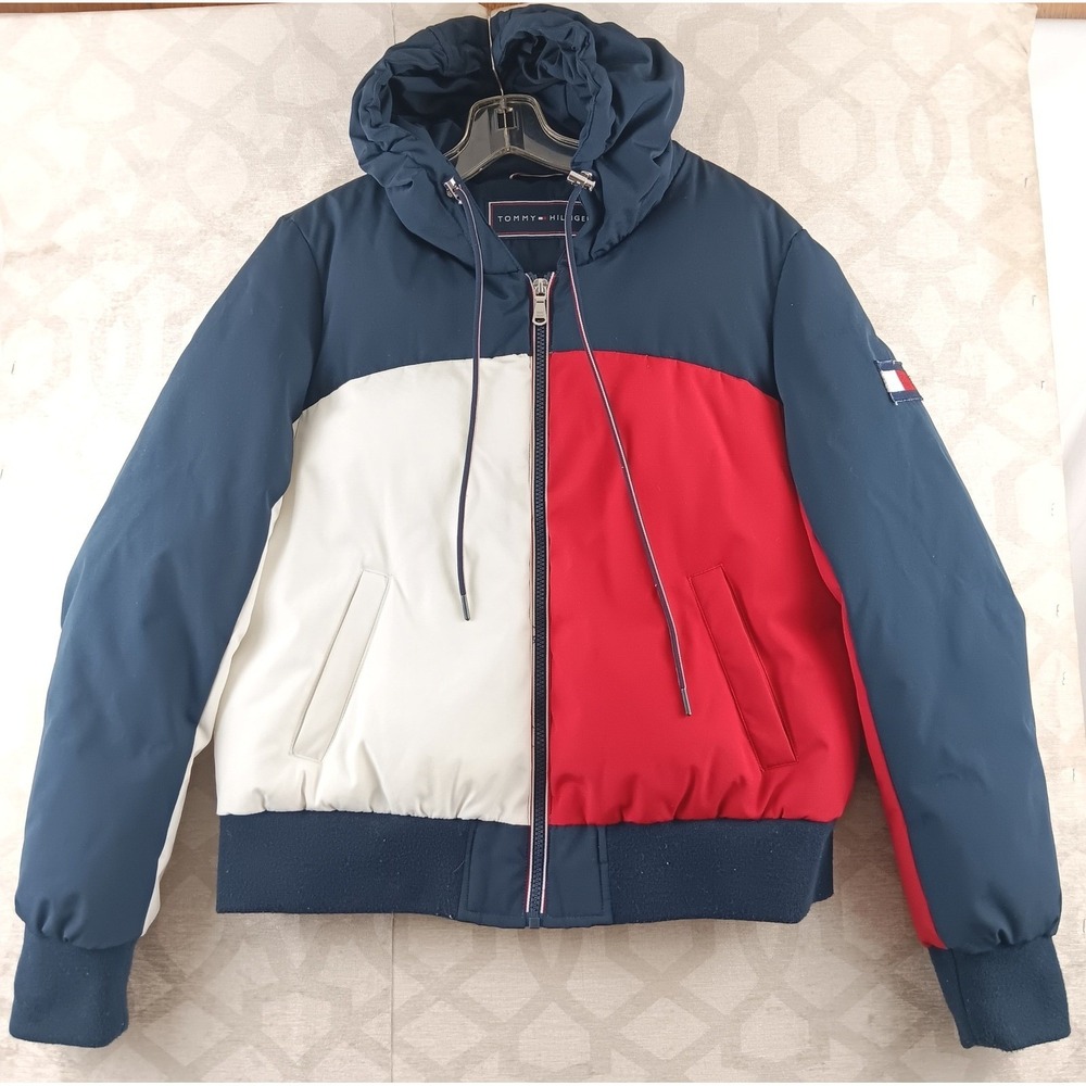 Tommy Hilfiger Color Block Puffer Jacket Hooded Full Zip Womens L Red White Blue